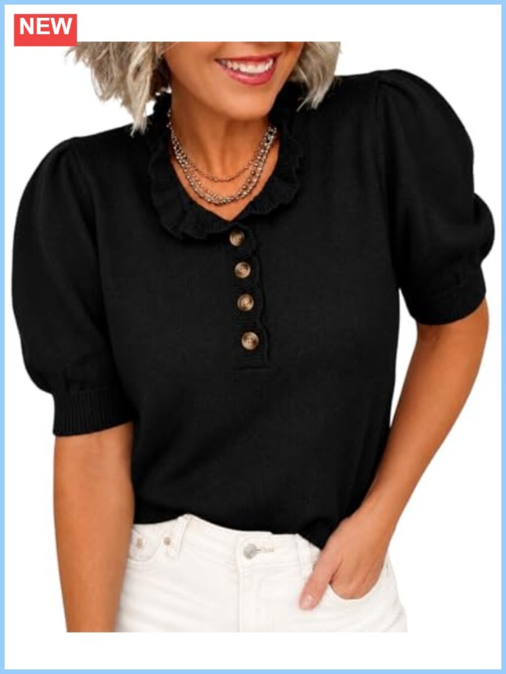 Womens Short Sleeve Sweater Ruffled Collar Puff Sleeve Work Top